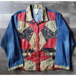 April Cornell Womens Denim Jacket Brocade Patchwork Ladies Medium Button Front‎